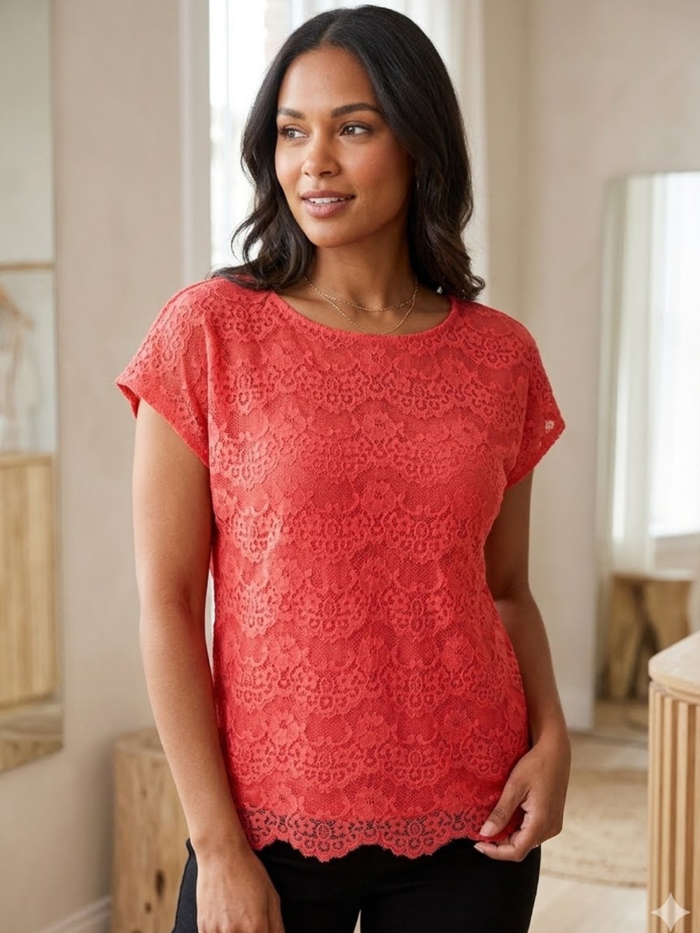 Cato Coral-pink Lace Short Sleeve Tee